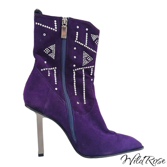 BALDININI Purple Suede w/ Rhinestones Leather Ankle Boots SZ 7 - Picture 1 of 16